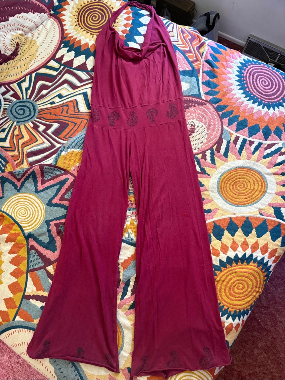 Organic cotton boho festival burgundy Halter Wide-Leg Jumpsuit Large - Picture 1 of 6